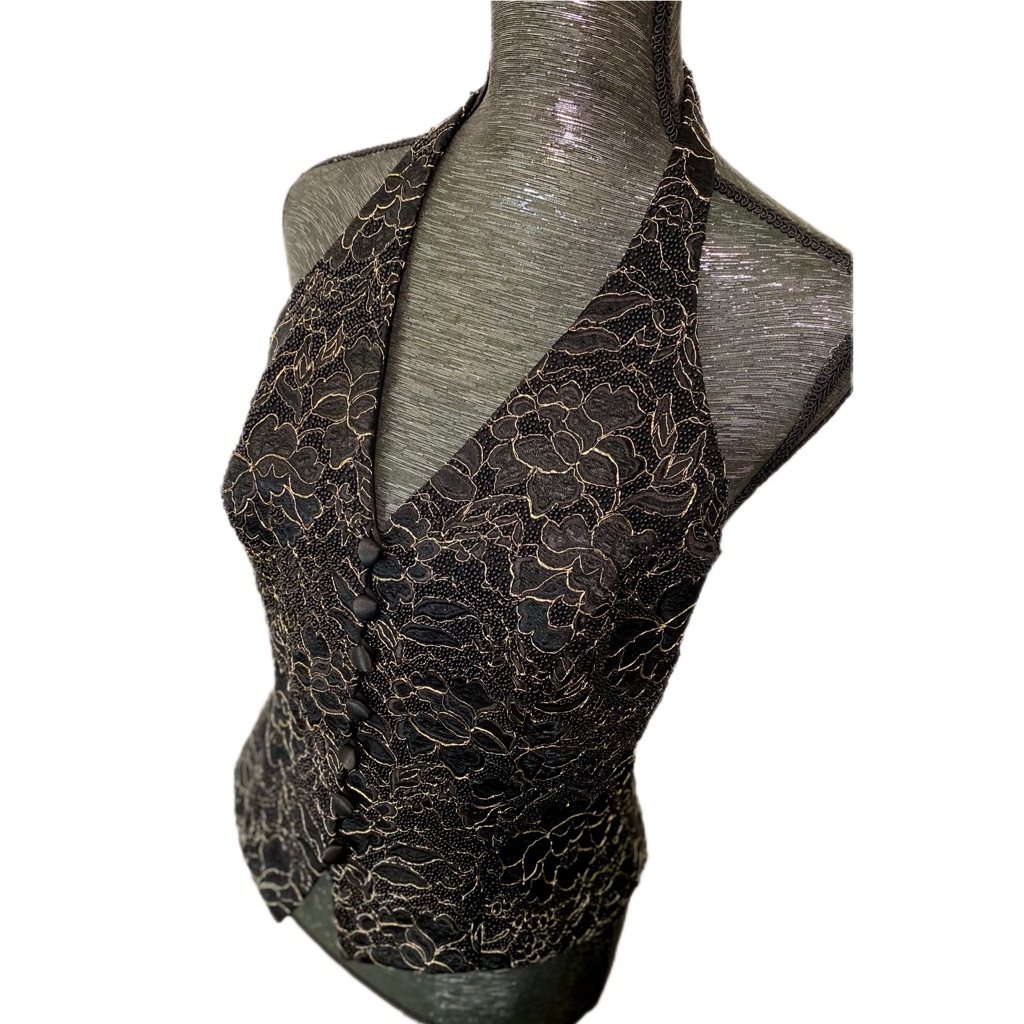 Nwot Carmen Marc Valvo Signature Black Gold Beaded Evening Halter Vest Sz 8